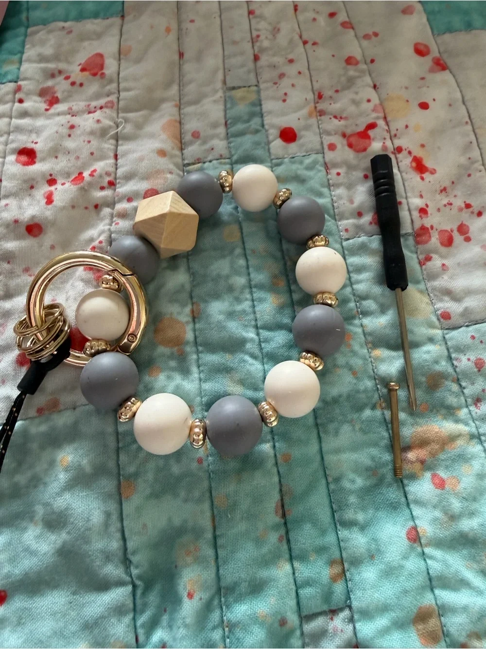Gray & White Beaded Wristlet Keychain with Gold Accents